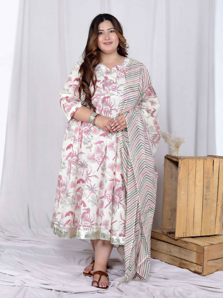 Miravan Women's Plus Size Light Pink Floral Printed and Anarkali Kurta with Dupatta