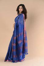Very Much Indian Handloom Cotton Silk Maheshwari Saree With Sleek Golden Border - Purple Blue