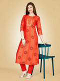 Jyoti Fashion Women's Orange Viscose Rayon Embroidered Kurta Pant Set