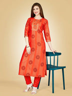 Jyoti Fashion Women's Orange Viscose Rayon Embroidered Kurta Pant Set