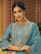 Janasya Light Blue Silk Blend Solid Kurta,Bottom & Dupatta