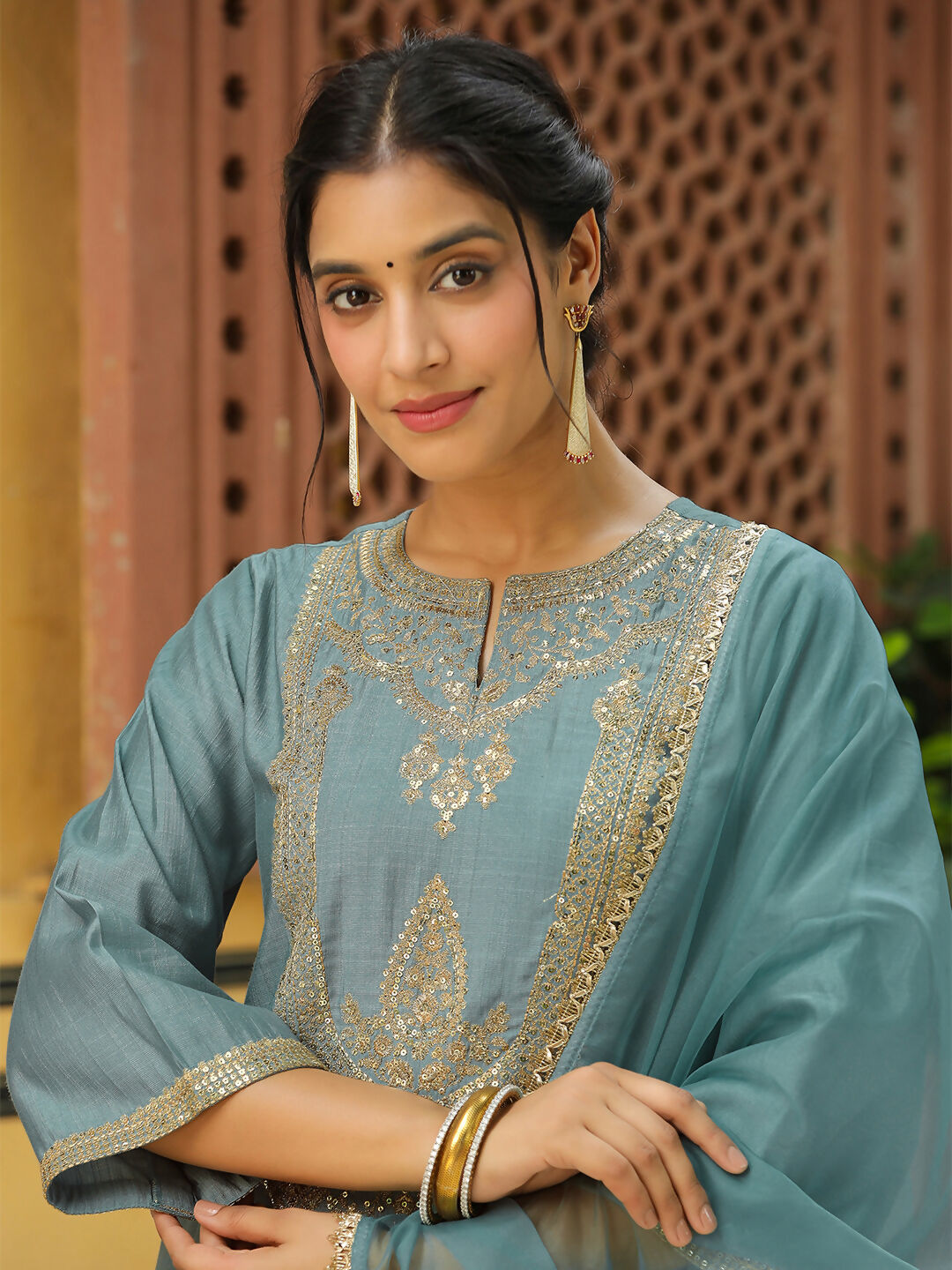 Janasya Light Blue Silk Blend Solid Kurta,Bottom & Dupatta