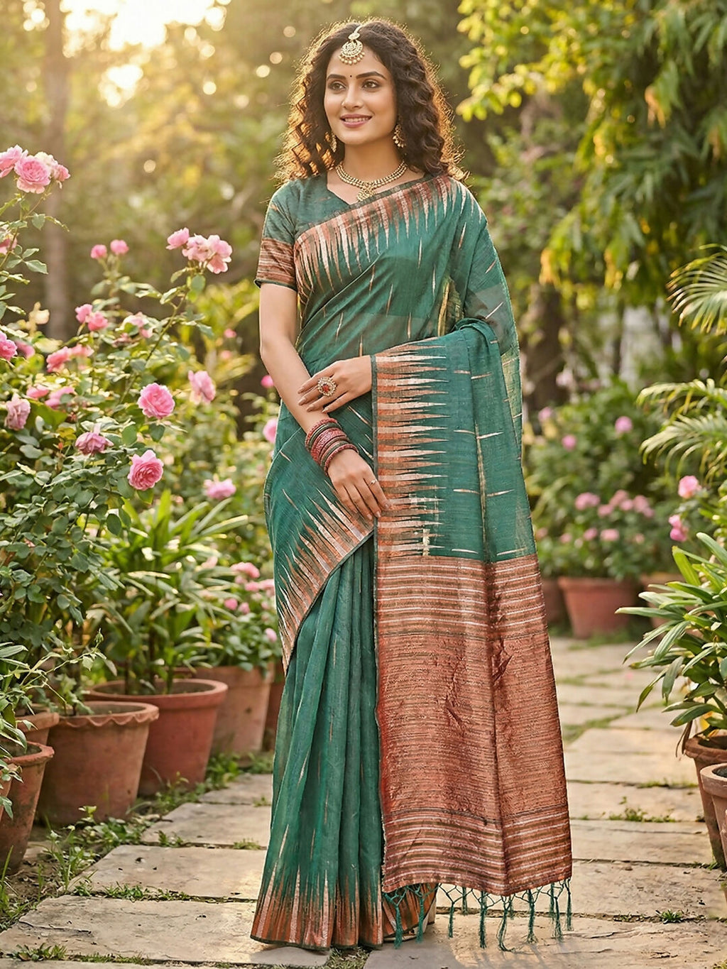 Shree Shyam Fashion Green Linen Cotton Saree - Distacart
