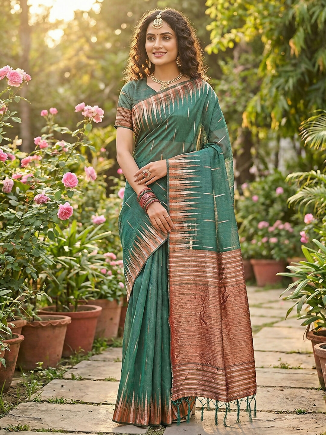 Shree Shyam Fashion Green Linen Cotton Saree - Distacart