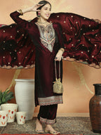 Jyoti Fashion Women's Maroon Velvet Cording with Resham Thread & Sequin Kurta with Trouser & Dupatta