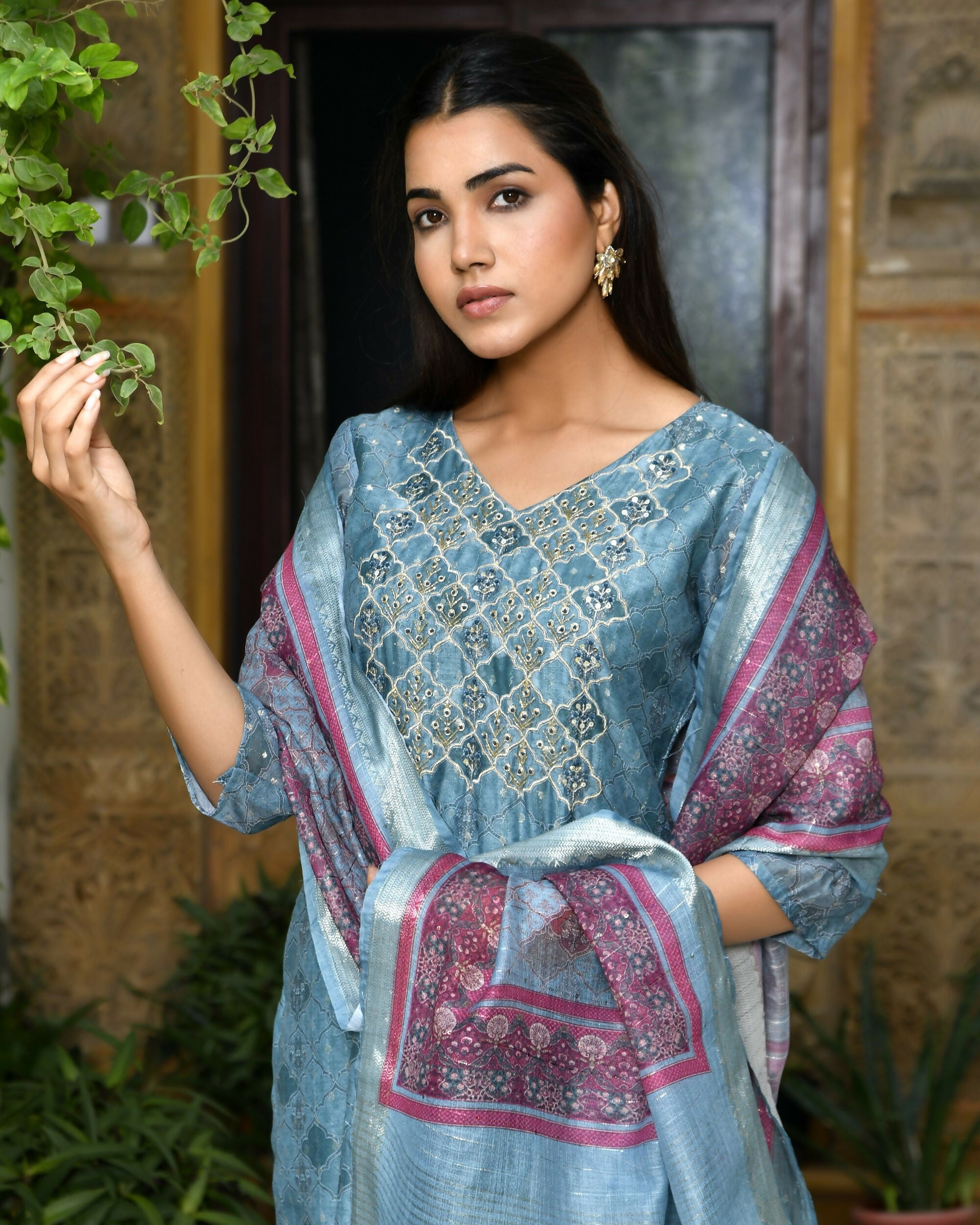 Vaasva Women's Chanderi Printed Suit Set With Pant And Printed Dupatta