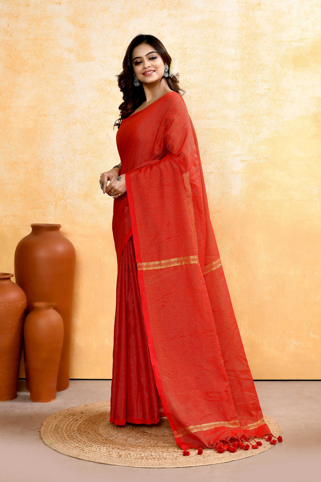 Piyari Fashion Women's Red Embellished Cotton Blend Zari Check Handloom Saree - Distacart