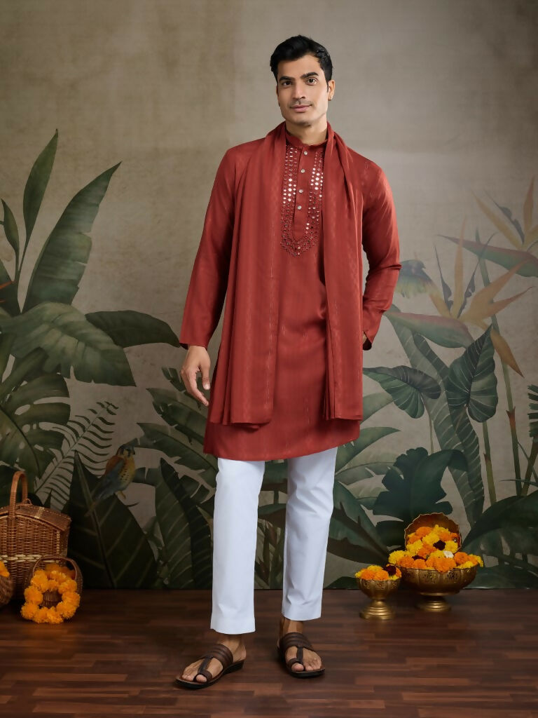 Vastranavya Rust Orange Exclusive Viscose Rayon Festival Wear Real Mirror Work Kurta with Dupatta