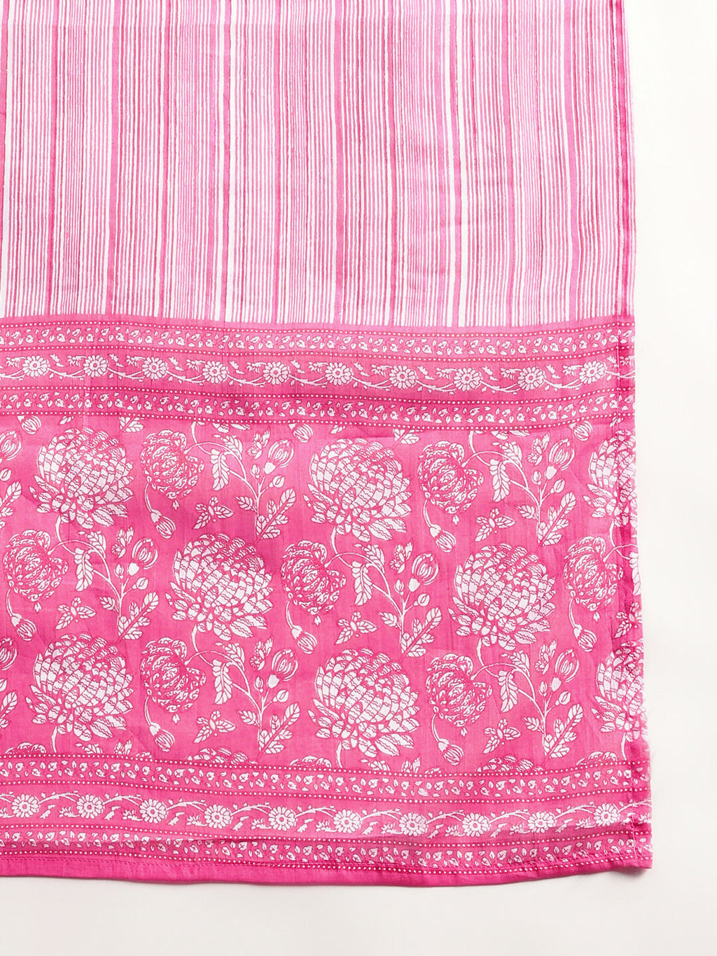 Aavyora Women's Pink Floral Print Cotton A-Line Kurta with Striped Trouser & Dupatta