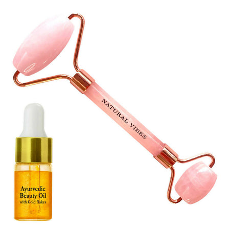 Natural Vibes Rose Quartz Roller & Massager with Free Gold Beauty Elixir Oil