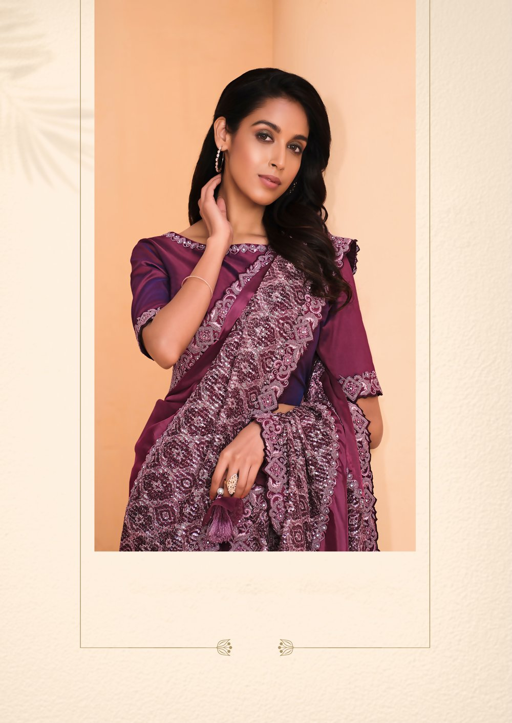Maroon Satin Crepe Silk Embroidery with Digital Sequence Work Saree - Norita Helly