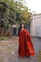 Jompers Women Maroon & Golden Solid Kurti with Sharara & Woven Design Dupatta - Distacart