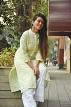 Jompers Women's Lime Green & White Chikankari Embroidered Kurta with Palazzos