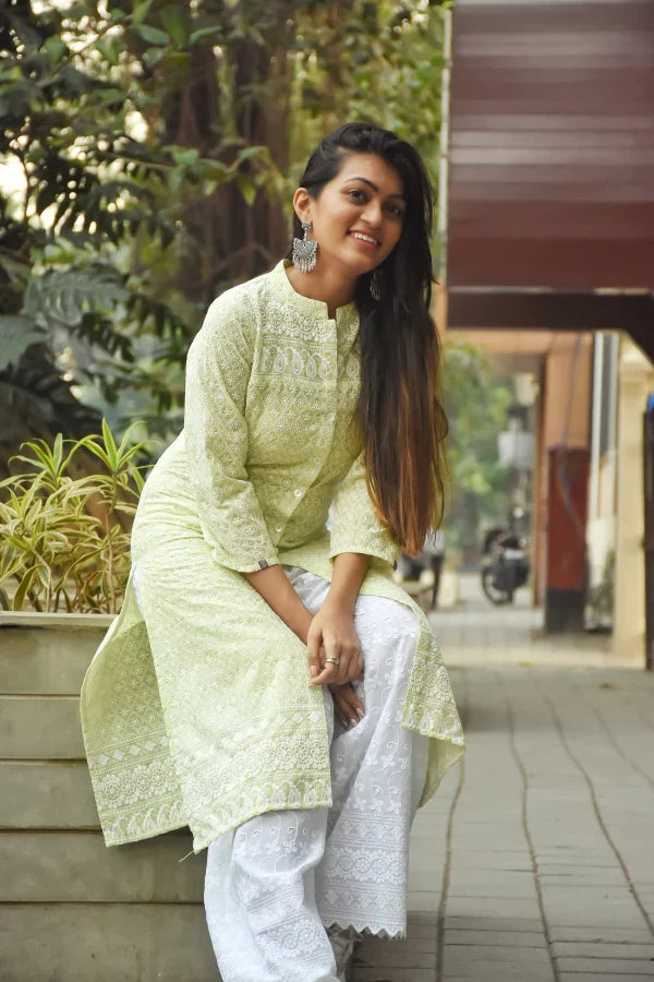 Jompers Women's Lime Green & White Chikankari Embroidered Kurta with Palazzos