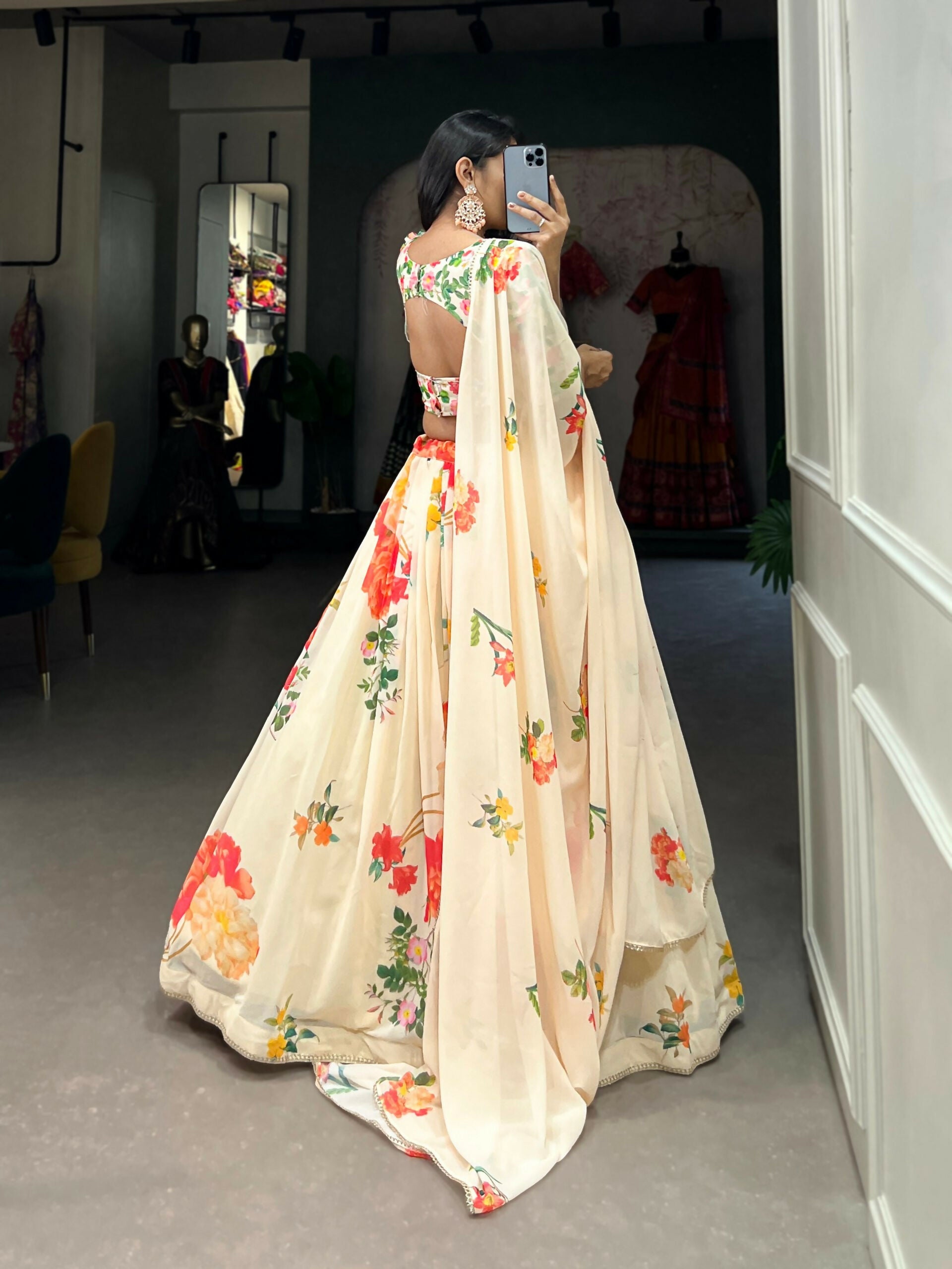 Vastranavya Floral Printed Georgette Lehenga Set With Thread Work Unstitched Choli - Cream