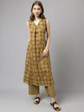 FIORRA Women's Brown Cotton A-Line Kurta Palazzo Set