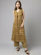 FIORRA Women's Brown Cotton A-Line Kurta Palazzo Set