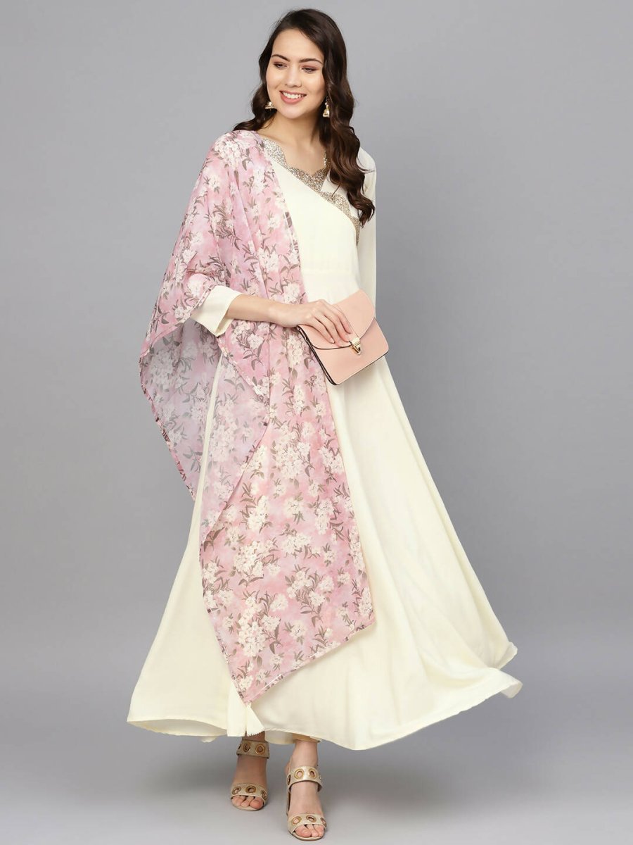 Ahalyaa Women's Cream Crepe kurta With Printed Dupatta Set - Distacart