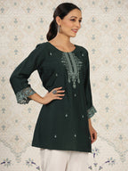 Dark Green Chinon Embroidered Straight Top - Zeny