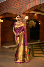 Jyoti Fashion Women's Wine Paithani Silk Zari Woven Saree with Blouse