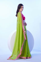 Green Moss Solid Designer & Lace Work Saree - Samaa