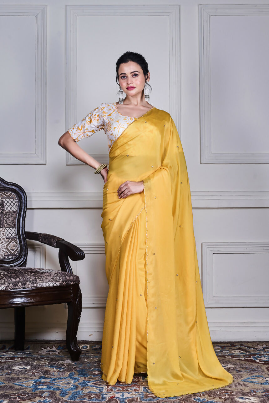 Morchari Yellow Chiffon Hand Embroidery Saree And Stitched Blouse - Distacart