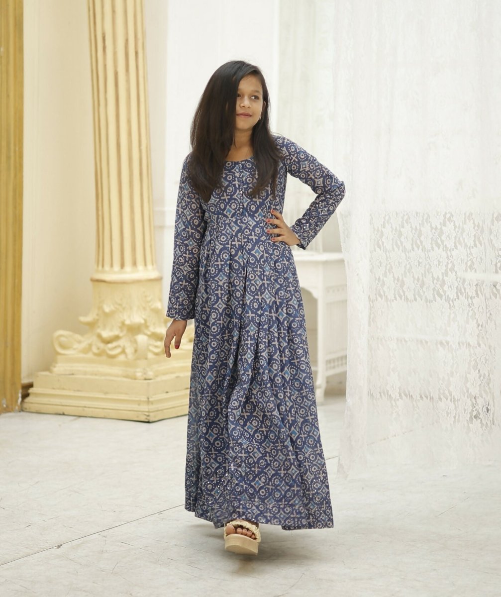 Aayaa Designer Printed Faux Georgette with Embroidery Zari Sequins-work Kids Gown