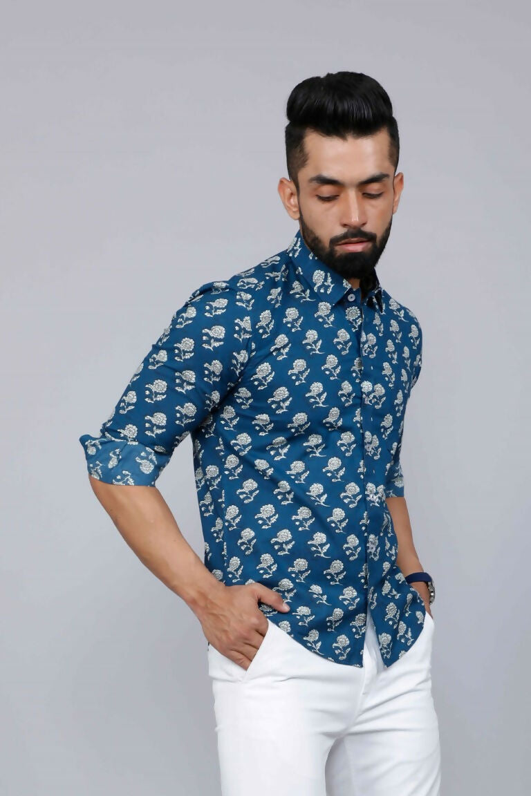 Miravan Men's Blue Spread Collar Floral Print Casual Shirt