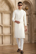 Raivat Ethnic Banarasi Art Silk Mirror Work Kurta Pajama In Cream Colour