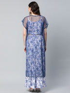 Ahalyaa Women Blue Crepe Printed Top with Skirt with Net Overlay - Distacart