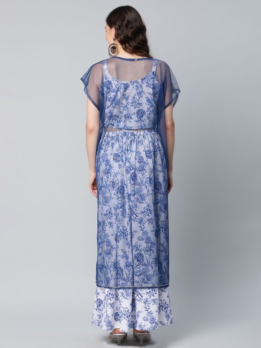 Ahalyaa Women Blue Crepe Printed Top with Skirt with Net Overlay - Distacart