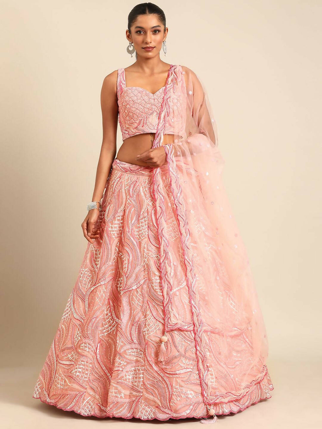 House of Panchhi Coral Pink Net Sequins and Zarkan embroidery Lehenga choli & Dupatta