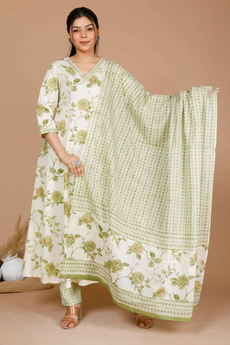 Miravan Women's Green Printed Anarkali Kurta With Palazzo And Dupatta