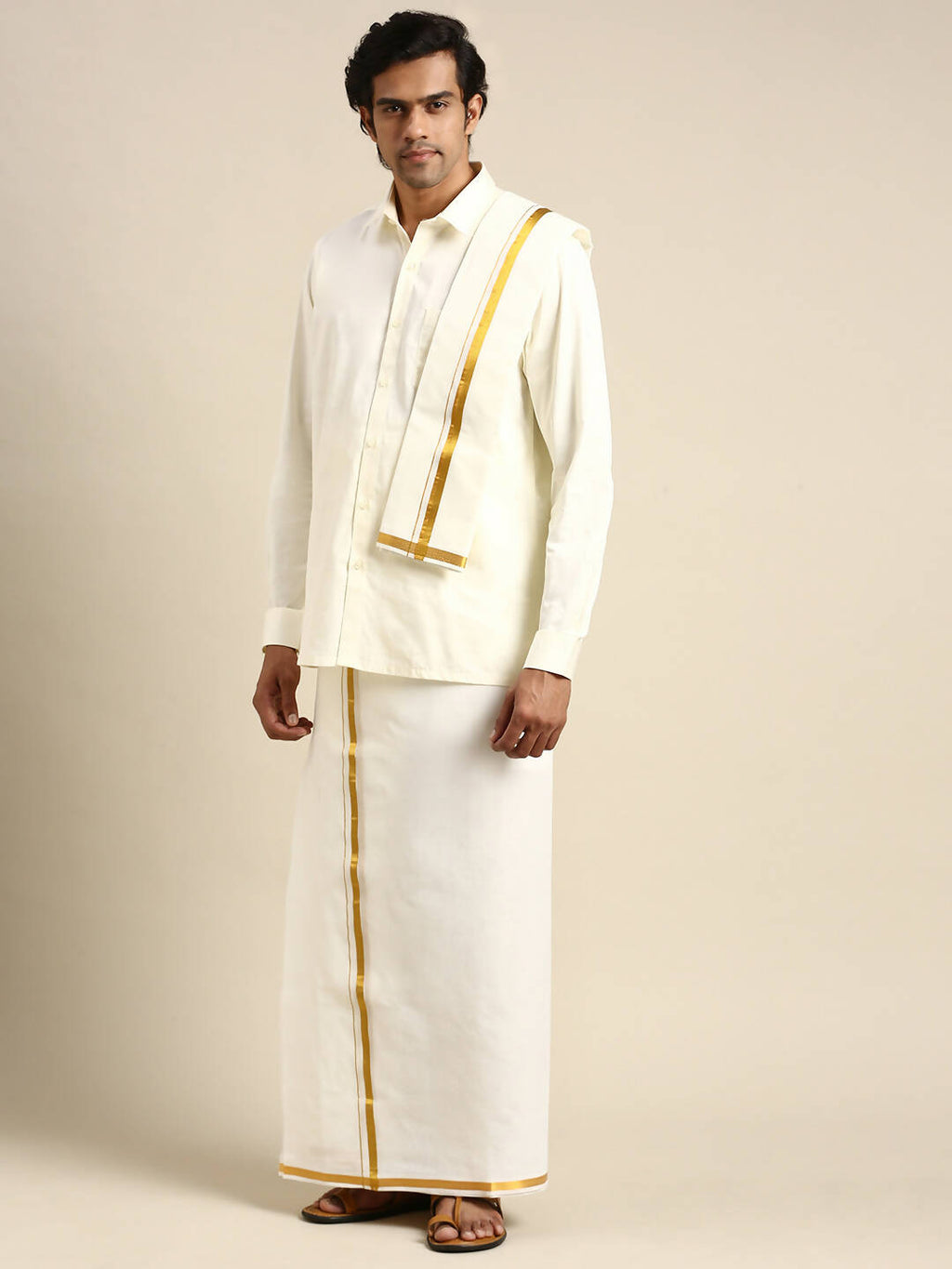 Ramraj Cotton Mens Premium Wedding Cream Dhoti with shirt Bit & Towel Set