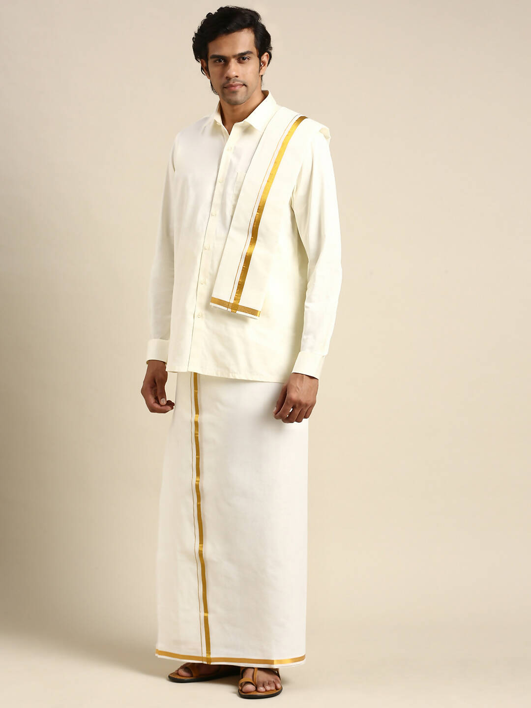 Ramraj Cotton Mens Premium Wedding Cream Dhoti with shirt Bit & Towel Set
