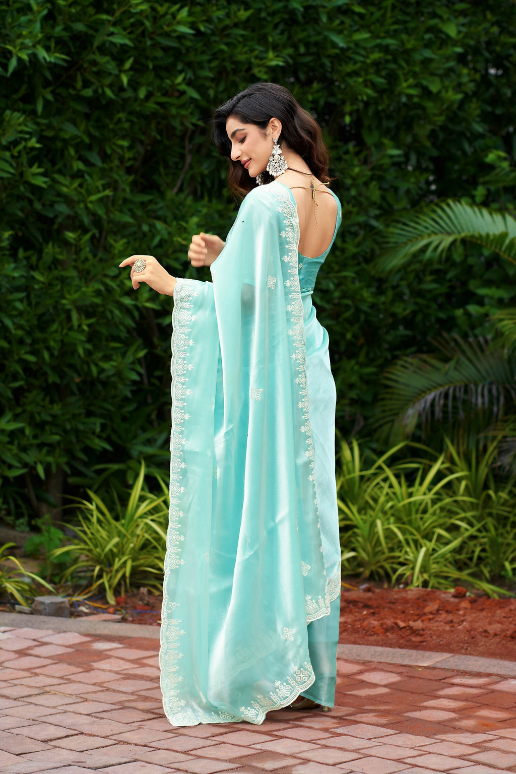 Vastranavya Turquoise Embroidery Work Shimmer Chiffon Saree with Unstitched Blouse - Distacart