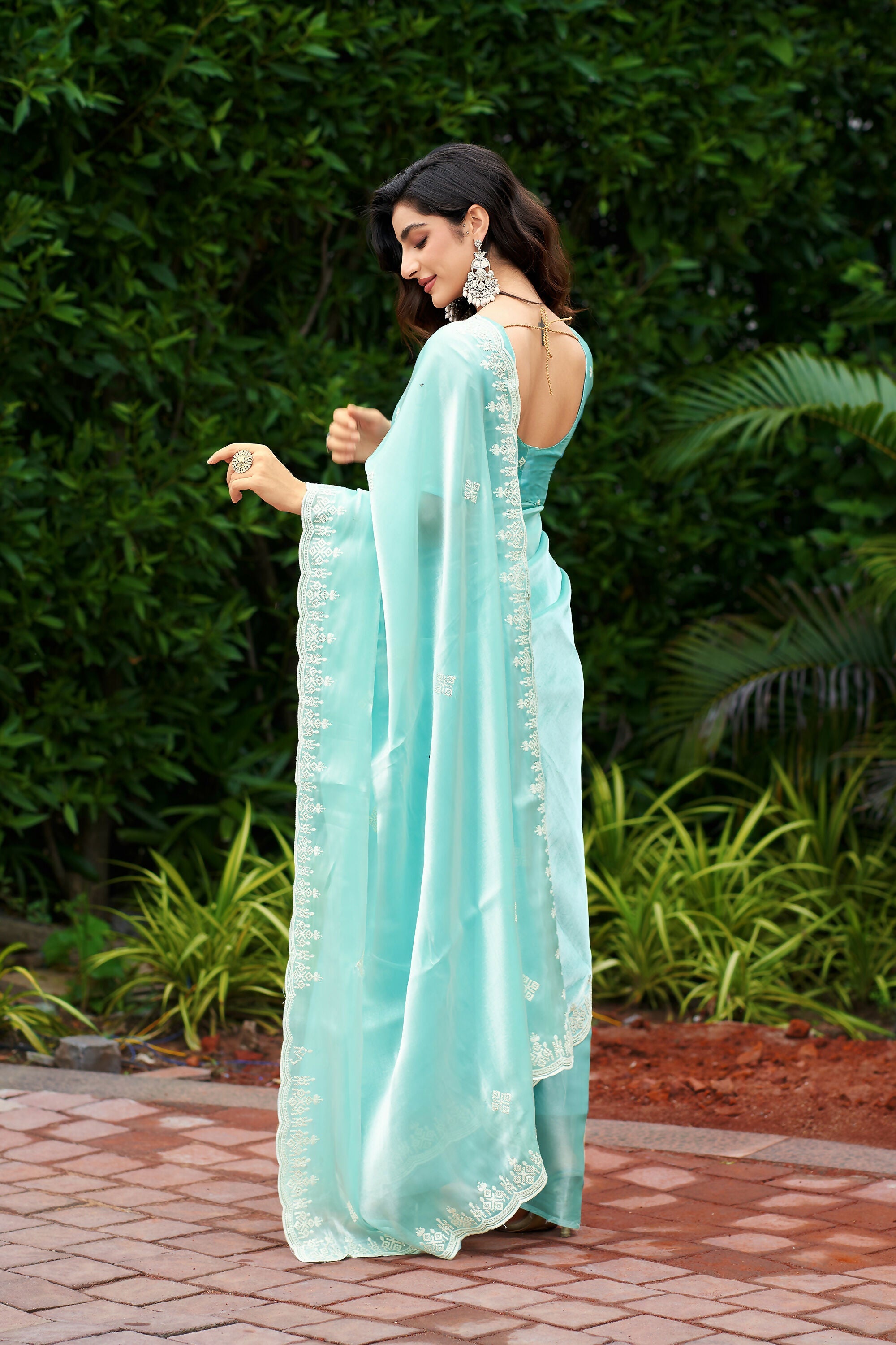 Vastranavya Turquoise Embroidery Work Shimmer Chiffon Saree with Unstitched Blouse - Distacart