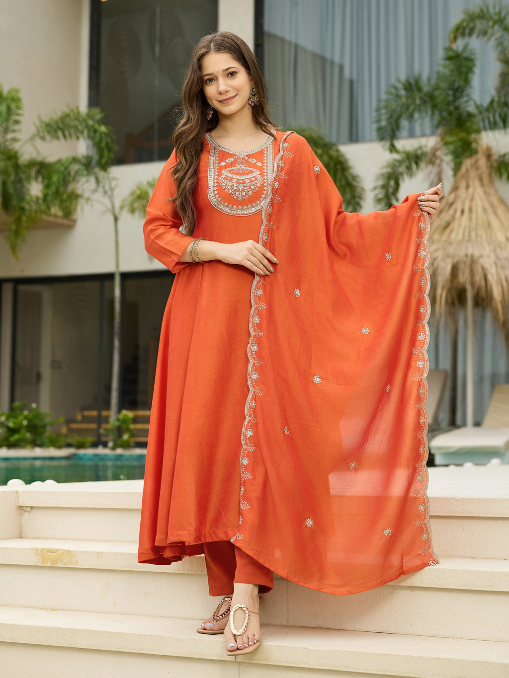 The52 Women's Orange Embroidered Vichitra Silk Fabric Straight Kurta, Pant and Dupatta Set - Distacart
