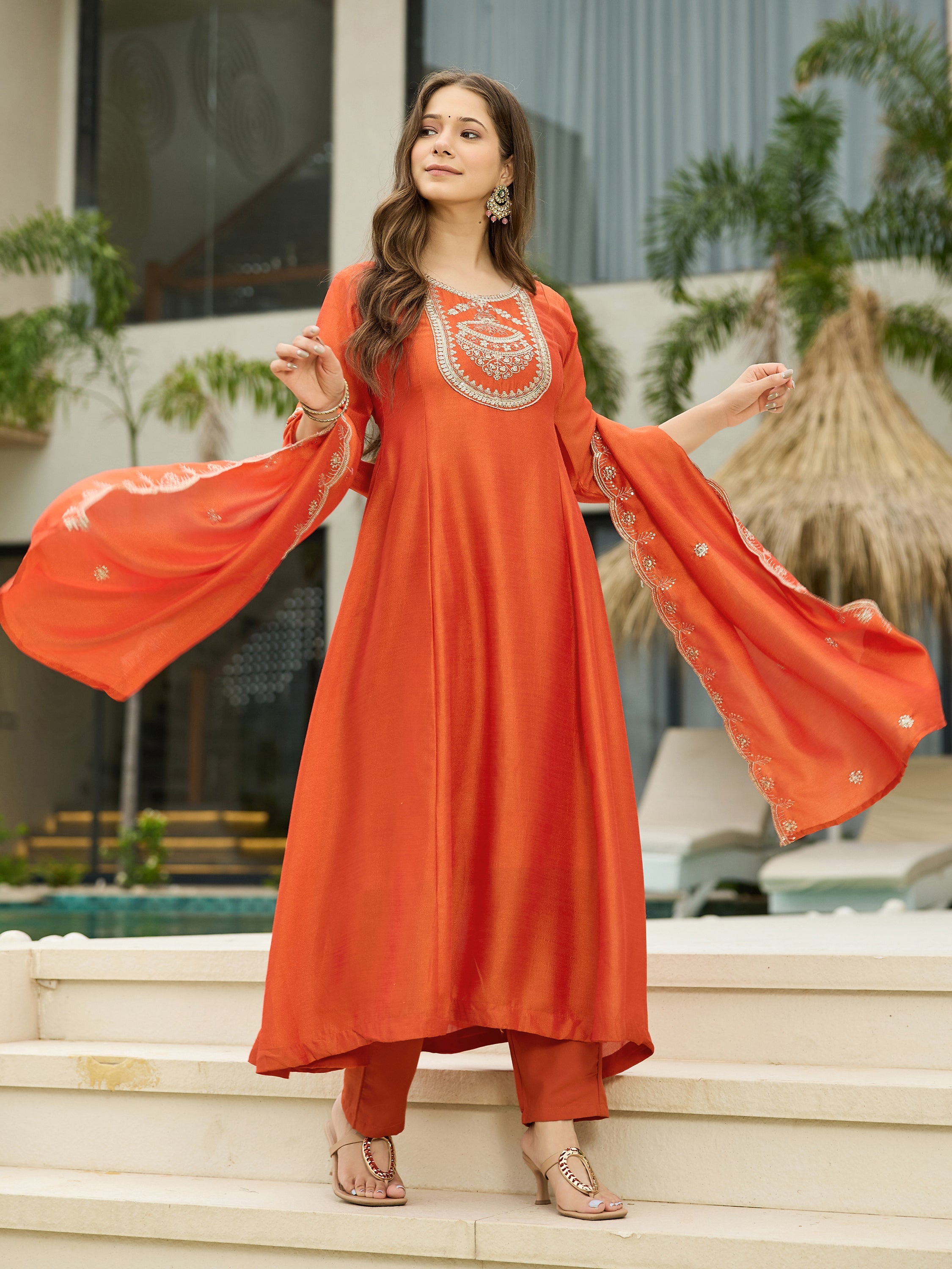 The52 Women's Orange Embroidered Vichitra Silk Fabric Straight Kurta, Pant and Dupatta Set - Distacart