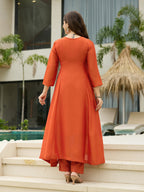 The52 Women's Orange Embroidered Vichitra Silk Fabric Straight Kurta, Pant and Dupatta Set - Distacart