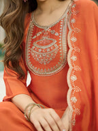 The52 Women's Orange Embroidered Vichitra Silk Fabric Straight Kurta, Pant and Dupatta Set - Distacart