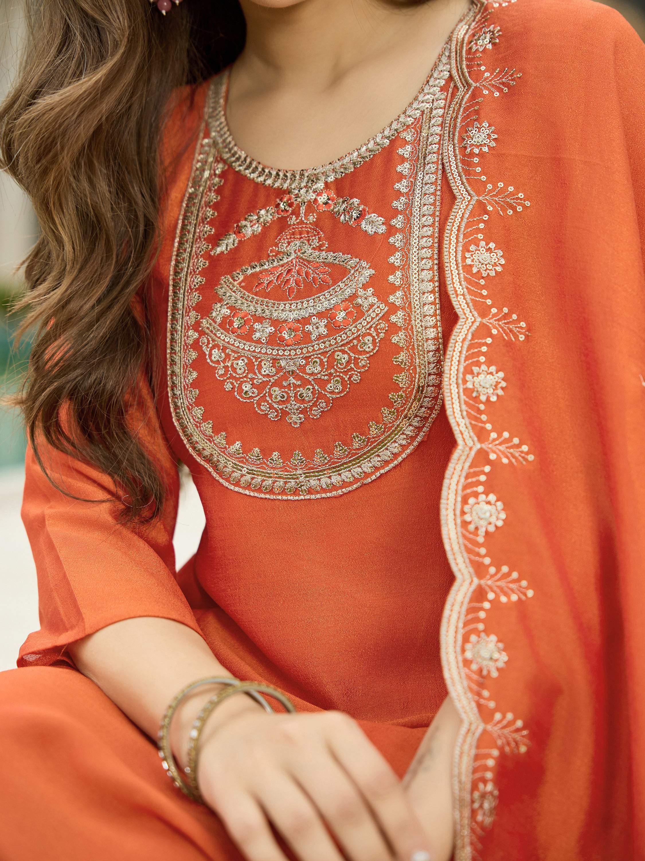 The52 Women's Orange Embroidered Vichitra Silk Fabric Straight Kurta, Pant and Dupatta Set - Distacart