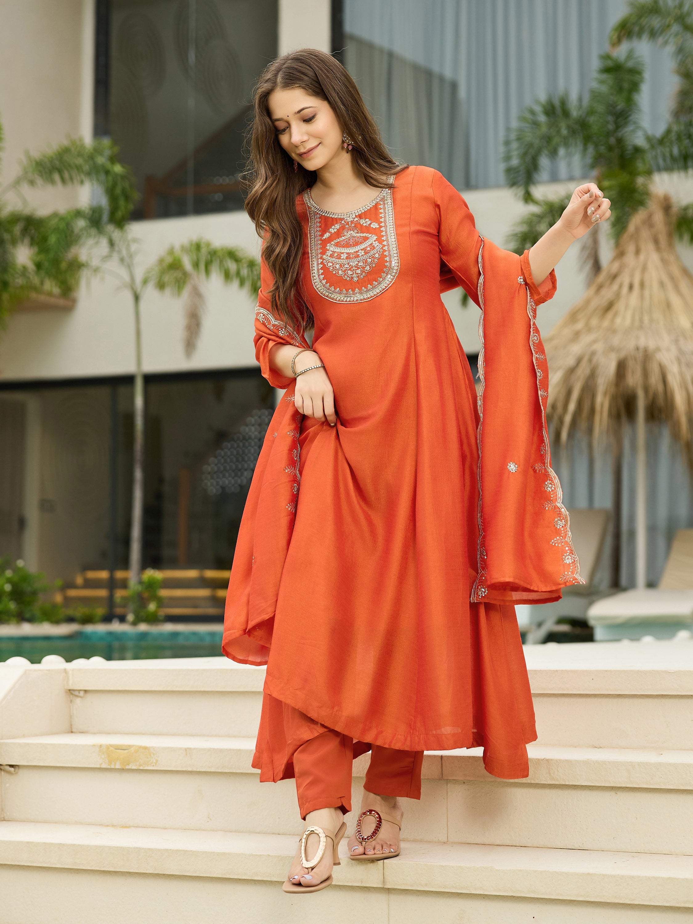 The52 Women's Orange Embroidered Vichitra Silk Fabric Straight Kurta, Pant and Dupatta Set - Distacart