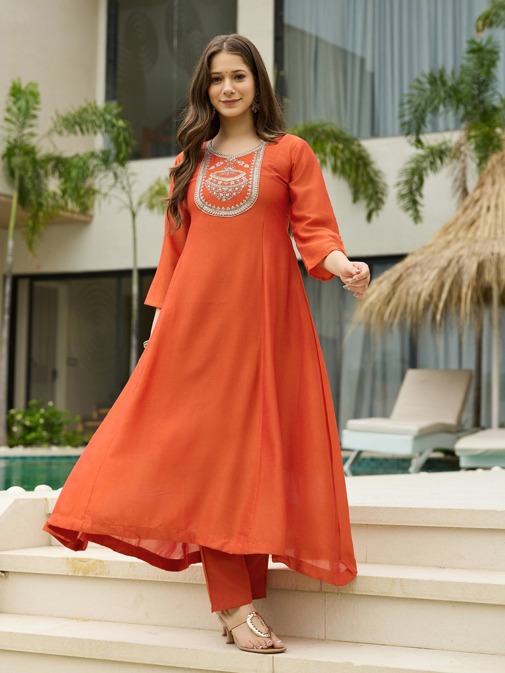 The52 Women's Orange Embroidered Vichitra Silk Fabric Straight Kurta, Pant and Dupatta Set - Distacart