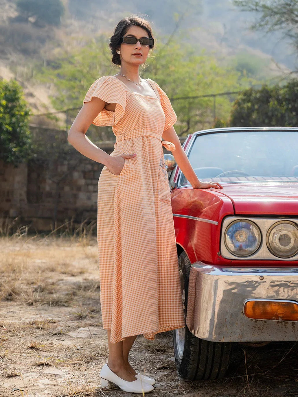 Yufta Orange Checked Dress - Distacart
