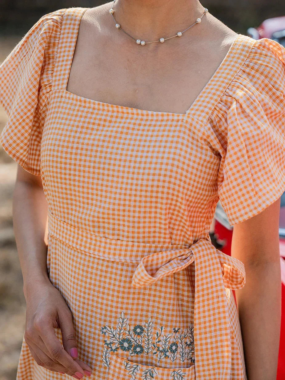 Yufta Orange Checked Dress - Distacart