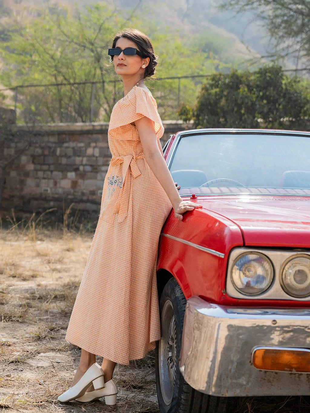 Yufta Orange Checked Dress - Distacart