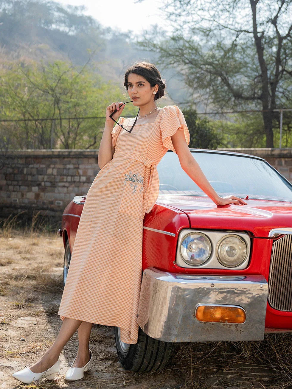 Yufta Orange Checked Dress - Distacart