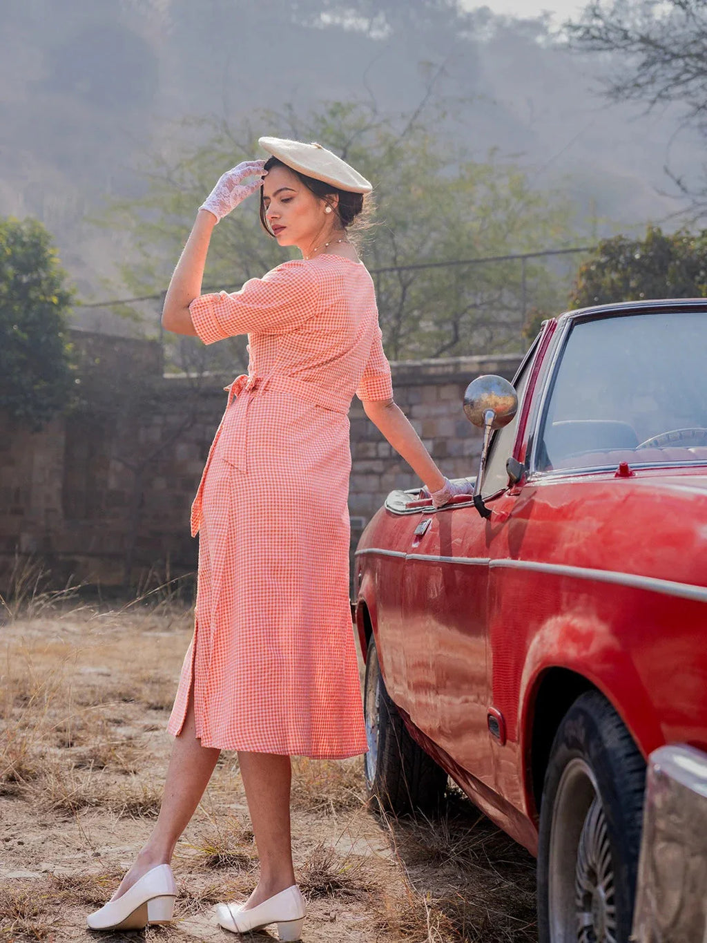 Yufta Orange Cotton Check Comes With A Belt Dress - Distacart
