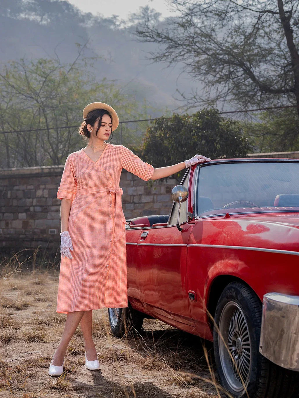 Yufta Orange Cotton Check Comes With A Belt Dress - Distacart